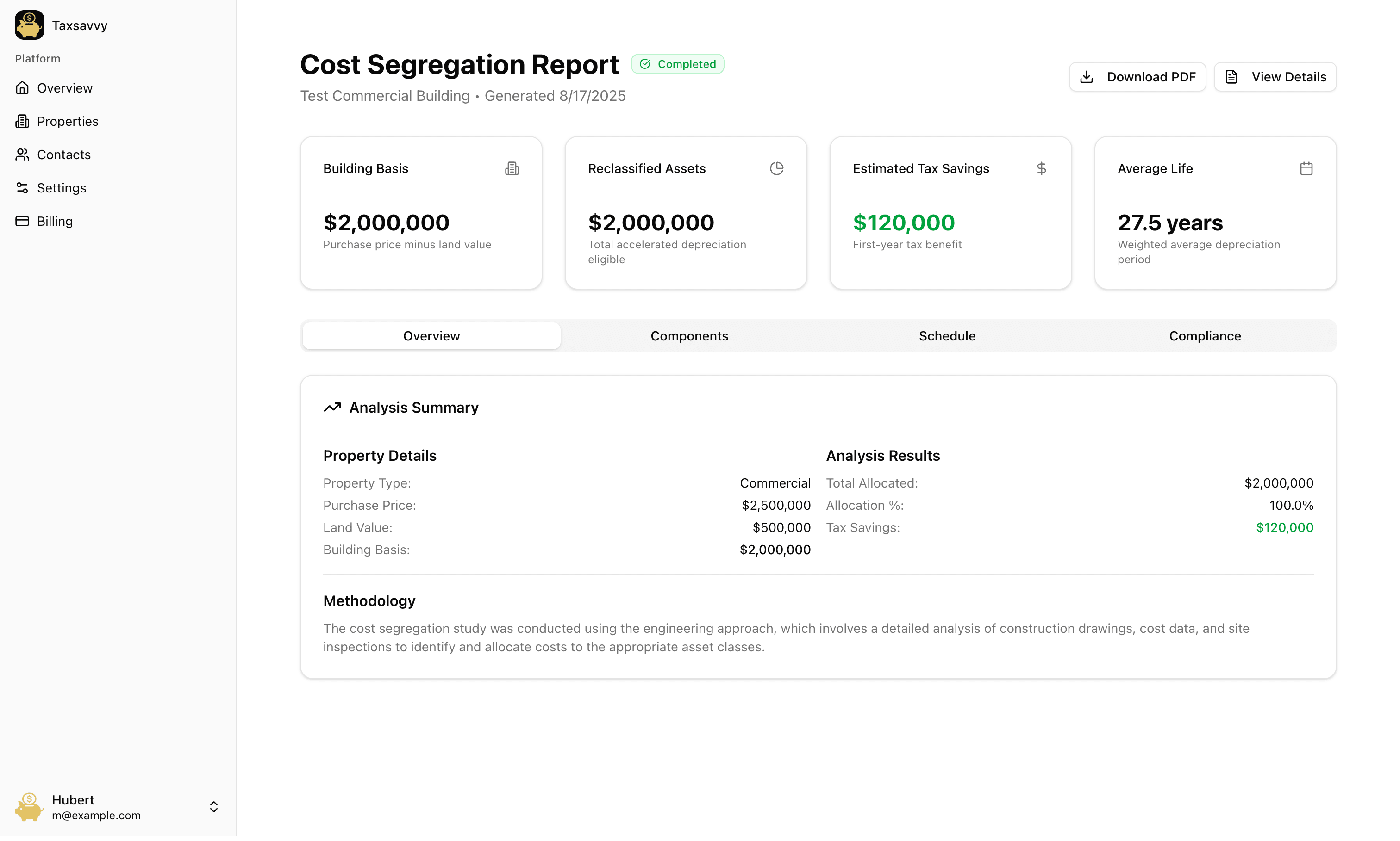 Seglio dashboard interface showing cost segregation analysis results in light mode